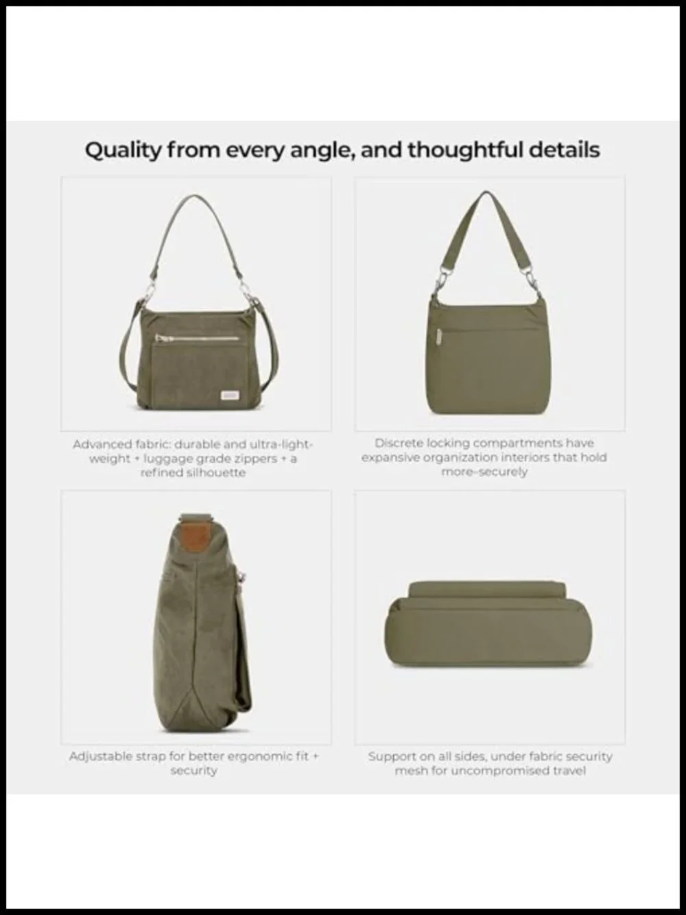 Anti-Theft Hobo Bag Cotton Poly Canvas Full-Grain Suede Trim Travel